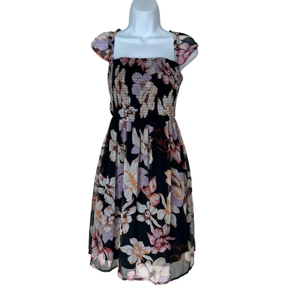 Lovestitch Black Lavender Floral Smocked Tie Back Drop Shoulder Mini Dress sz M